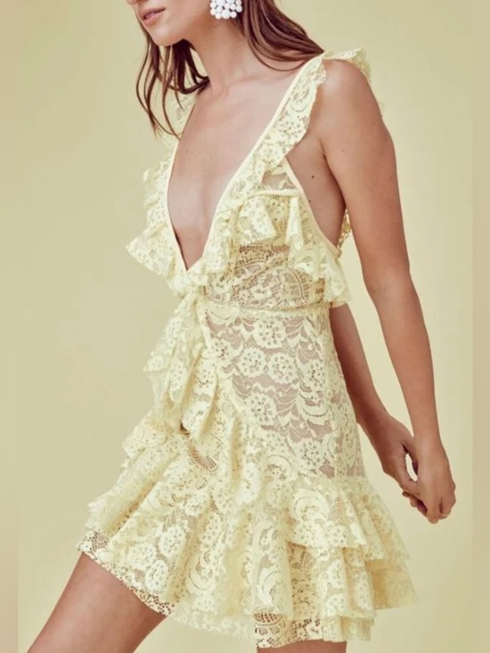 For Love And Lemons Dresses & Skirts - For Love & Lemons Tati Lace Ruffle Dress Yellow - Size Large